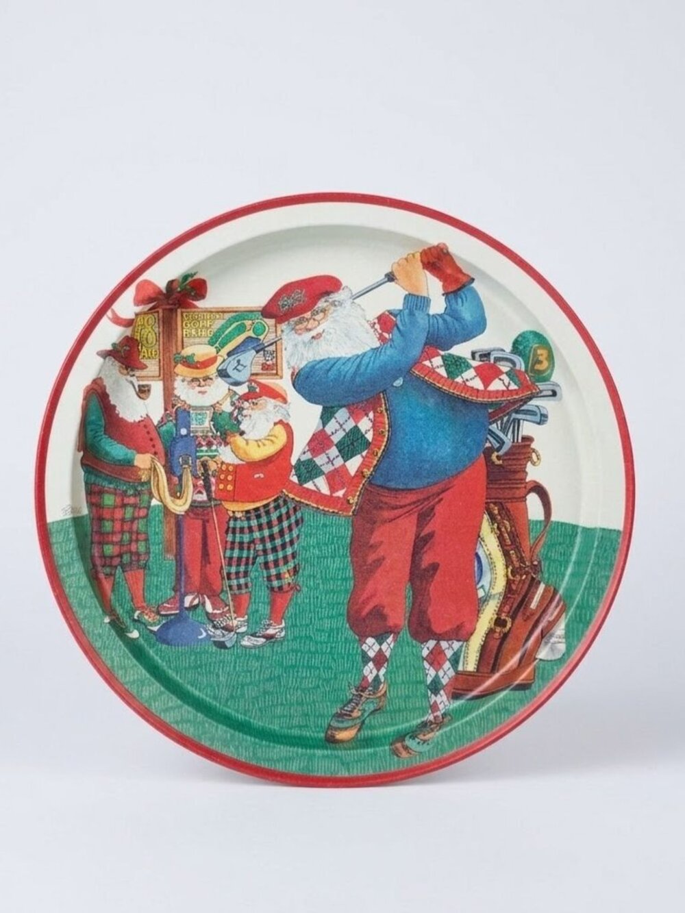 1994 Potpourri Designs Jeanne Beury Sporting Santas Metal Tray Golfing Christmas